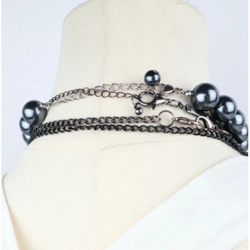 Multi Strand Layering Necklaces (3) Black Silver Chunky Beaded Bold‎ Statement